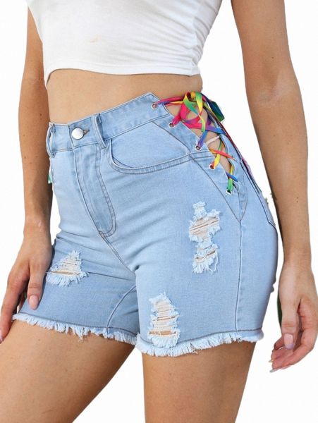 

women's shorts lace up side ripped raw cut denim shorts 88bq#, White;black
