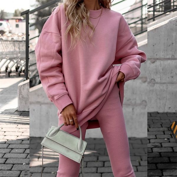 

womens two piece pants women elegant o neck hoodie sweatshirt and pencil pants suit spring solid office lady outfits autumn long sleeve loos, White
