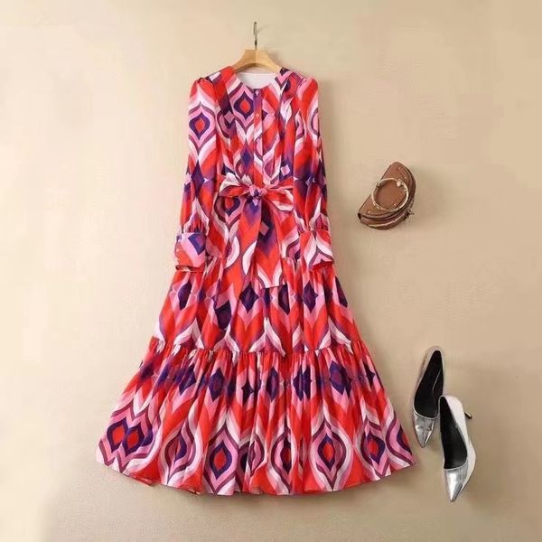 

european and american women's wear autumn 2022 new styles long sleeve round neck single breasted print fashion pleated dress, Black;gray