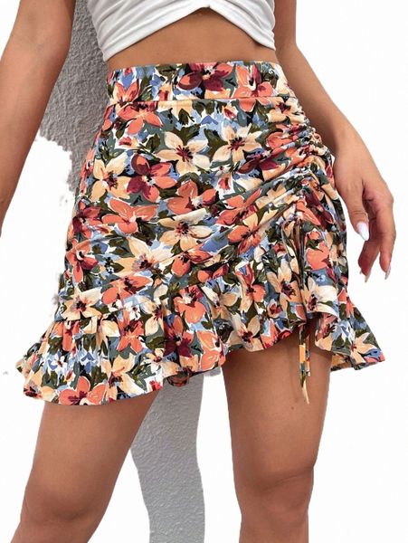 

skirts allover floral print drawstring ruffle hem skirt 102m#, Black