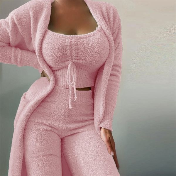 

womens two piece pants women elegant fleece soft 3 piece suit fashion square collar drawstring longlong cardigan outfits casual pajamas soli, White