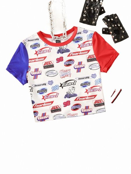 

women's t-shirt letter & figure graphic crop tee i8ay#, White