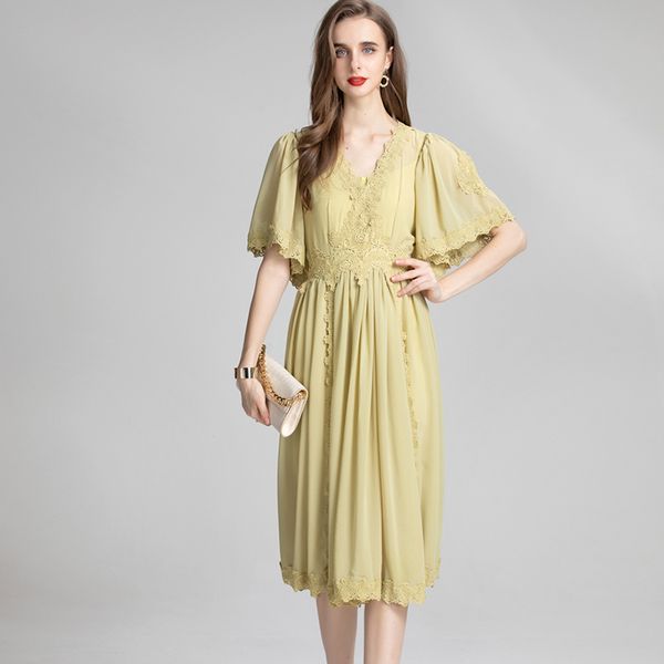 

women's runway dresses v neck short sleeves embroidery appliques elegant designer vestidos, Black