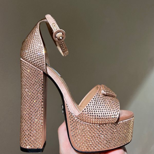 

rhinestone sandals luxury designers womens platform heel dress shoes classic triangle buckle embellished ankle strap pumps 14cm high heeled, Black