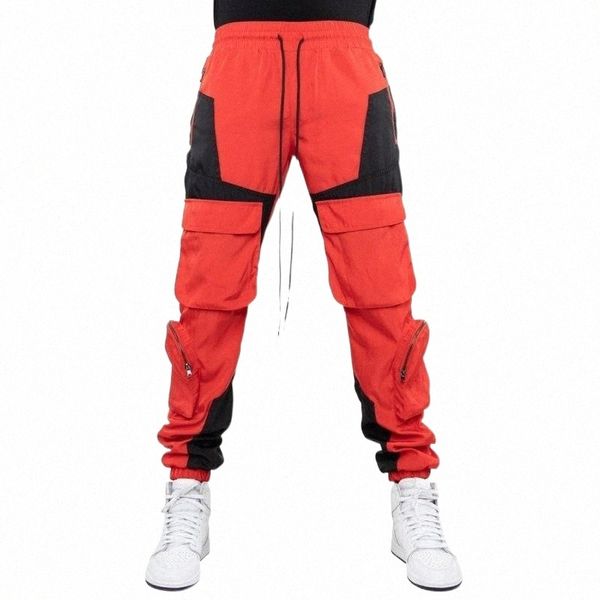 

men's pants men's pants men cargo mid waist straight casual elastic multi-pocket zipper stitching matching beam mouth spring lugen, Black