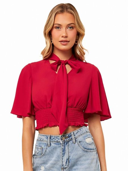 

women's blouses & shirts tie neck shirred waist blouse i2tm#, White