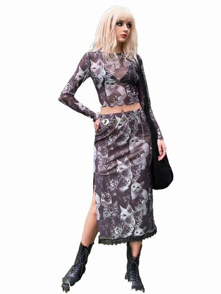 

two piece dress grunge cat print crop & split hem skirt without lingerie g7in#, White