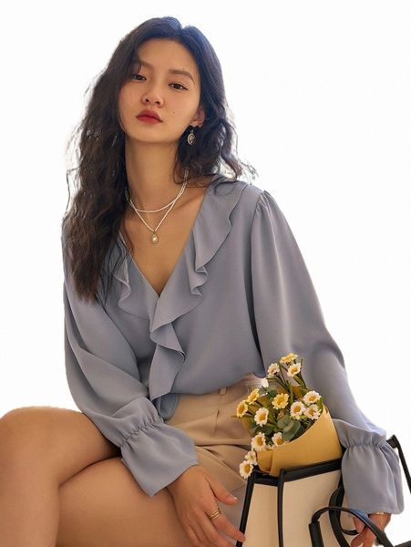 

women's blouses & shirts dazy ruffle trim flounce sleeve blouse m6p1#, White