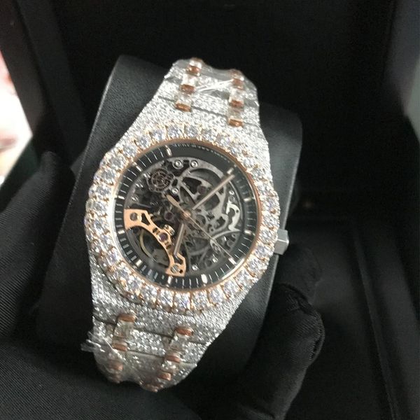 

wristwatches new version skeleton vvs1 diamonds watch pass tt rose gold mixed sier mechanical eta movement men iced outba26, Silver