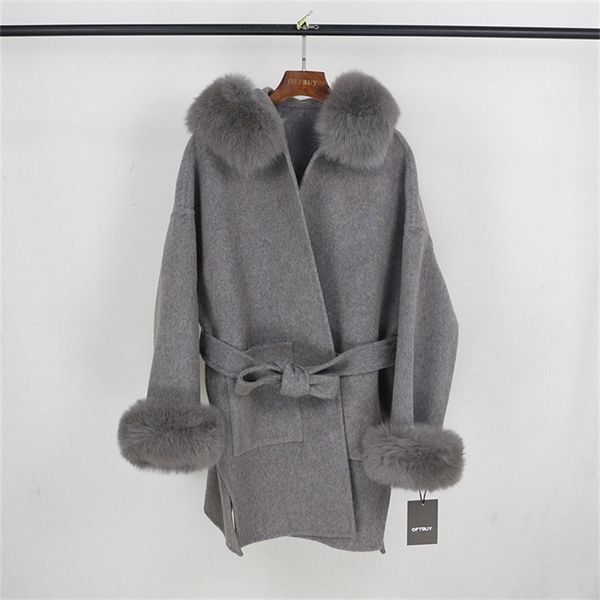 

women's wool blends oftbuy real fur coat winter jacket women natural fur collar cuffs hood cashmere wool woolen oversize ladies outerwe, Black