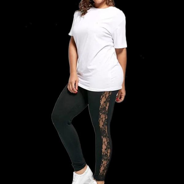 

plus size -3xl lace patchwork leggings for women high elastic waist trousers, Black
