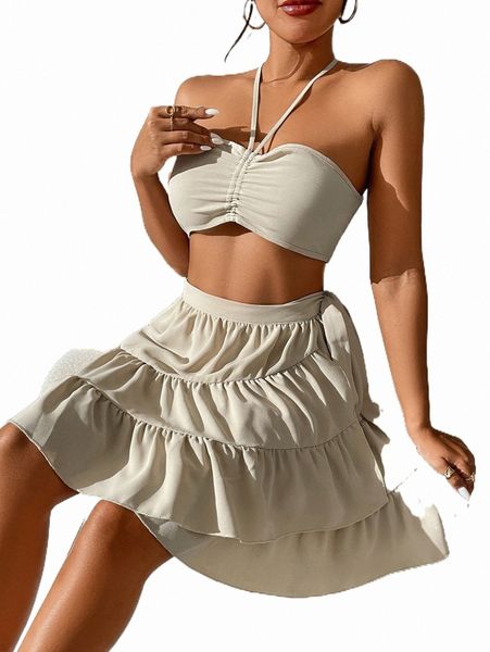 

two piece dress tie back halter & ruffle hem skirt set w9mw#, White