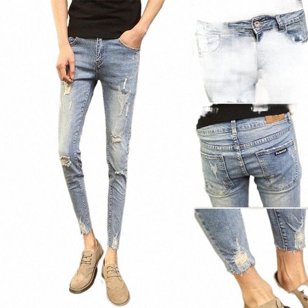 

men's jeans men's jeans wholesale ripped denim skinny pants trendy men's slim korean teenagers hair stylist stretch tight fee, Blue
