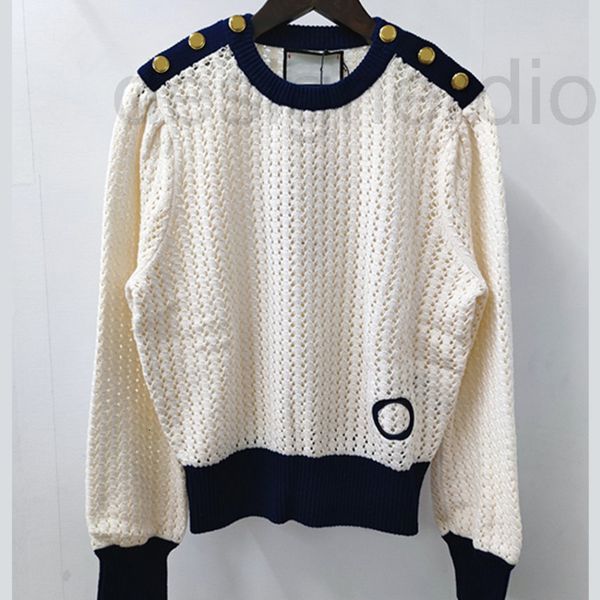 

women's knits & tees designer 22 year hollow out sweet knitted wear metal shoulder button round neck embroidery lazy style women dllu, White