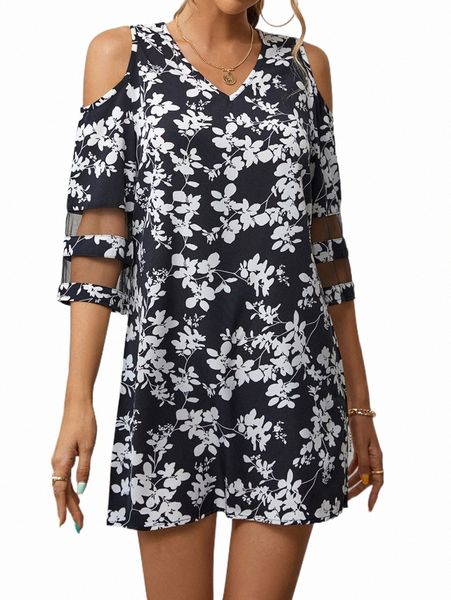 

casual dresses floral print cut out sleeve tunic dress k510#, Black;gray