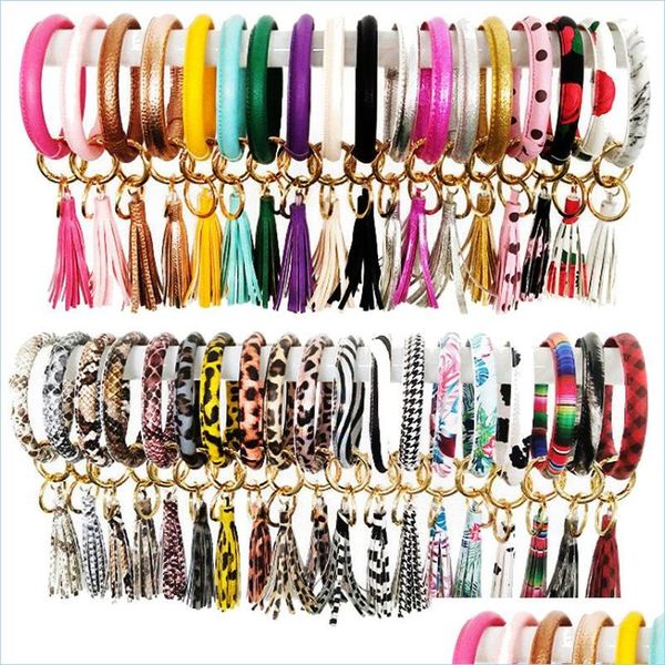 

key rings pu leather key ring tassel bracelet leopard print keychain wristband sunflower big circle bangle keychains l309fa newdhdhwyu, Slivery;golden
