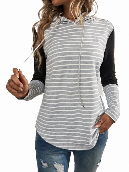 

women's hoodies & sweatshirts striped print drawstring hoodie 59sn#, Black