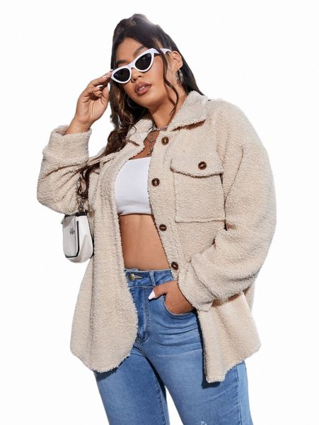 

plus size outerwear & coats plus flap pocket drop shoulder teddy coat 77fn#, Black