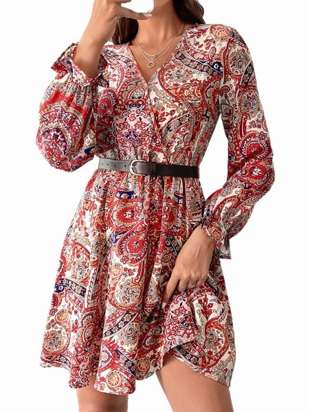 

casual dresses floral print lantern sleeve dress without belt w5al#, Black;gray