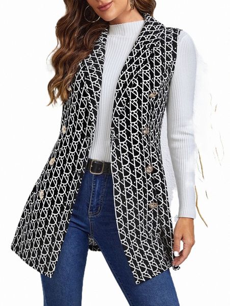 

women's down & parkas allover print double breasted lapel neck sleeveless coat a5c8#, Black