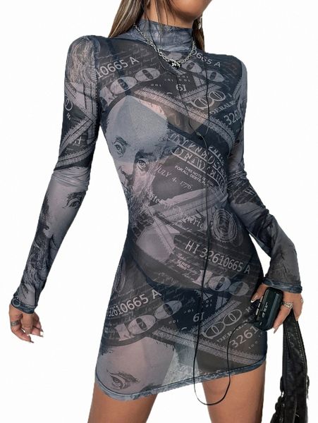 

casual dresses mock neck graphic print sheer mesh dress q795#, Black;gray