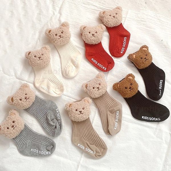 

newborn warm autumn winter baby girls socks cartoon bear baby sock anti slip soft cotton doll floor sock shoes thicken boots, Pink;yellow