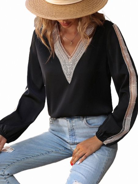 

women's blouses & shirts contrast guipure lace v neck blouse h5b2#, White