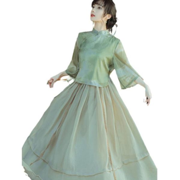

women's costume chinese-style dresses work wear skirt improved tang suit buttoned cheongsam suit female retro two-piece national style, Black;red