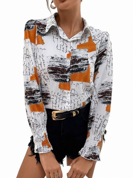 

women's blouses & shirts allover print button front shirt v5z1#, White