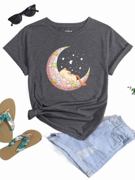 

women's t-shirt moon & cat print tee 2022 new t6xg#, White