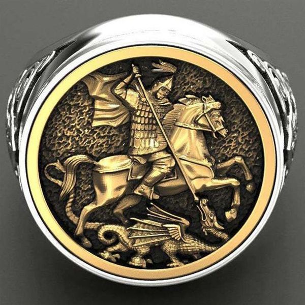 

vintage sovereign ring men st george portrait gold roman cavalry dragon rings for women boho nordic mythology viking jewelry3183, Golden;silver