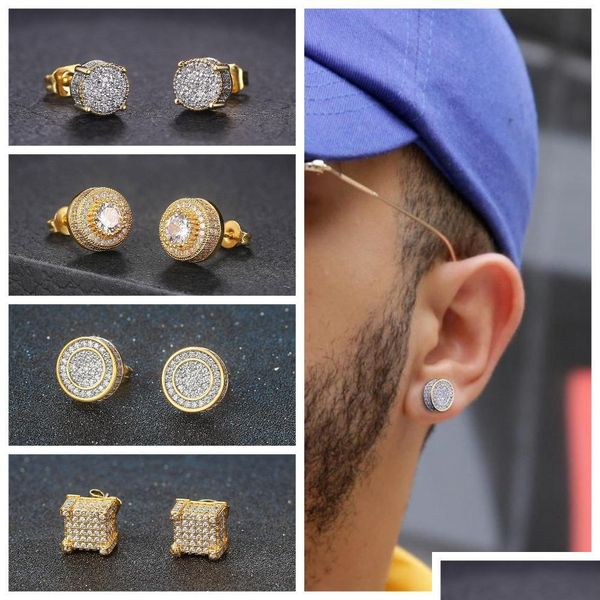 

other gold plated bling stud earrings for men women hip hop streetwear rapper diamond earring wedding rhinestones ear jewelry w52f dr dhbcv, Golden;silver