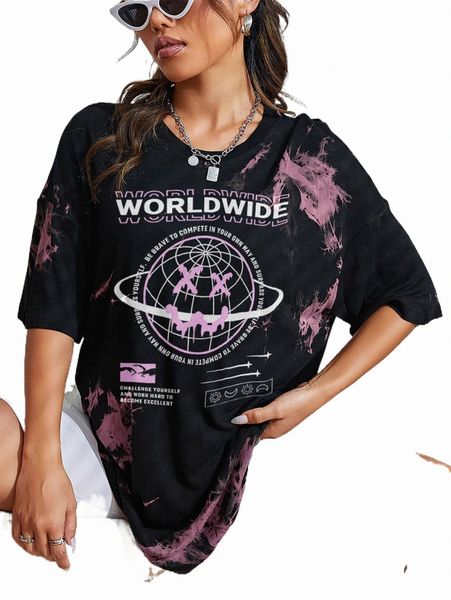 

women's t-shirt earth & slogan graphic drop shoulder tee c3vp#, White