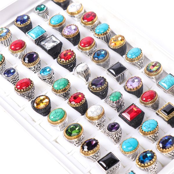 

vintage men multicolor imitation gemstone glass metal rings for women mix glod silve black colors fashion jewelry, Golden;silver