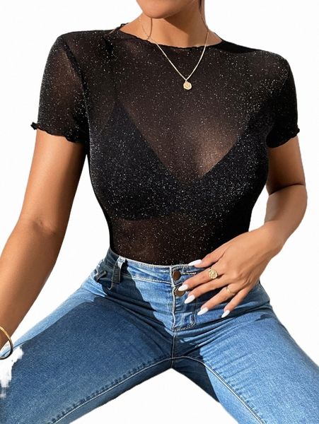 

women's t-shirt petite glitter sheer mesh without bra z25s#, White