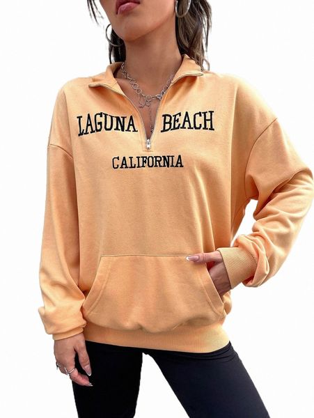 

women's hoodies & sweatshirts letter embroidery half zip drop shoulder sweatshirt v4mr#, Black