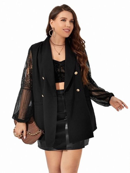 

plus size outerwear & coats plus contrast lace lantern sleeve double breasted blazer b6vs#, Black