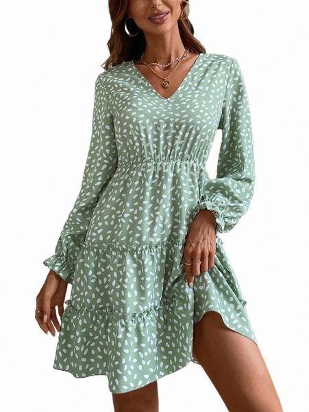 

casual dresses dalmatian print flounce sleeve ruffle hem dress t1ld#, Black;gray