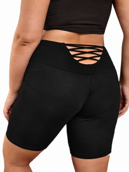 

plus size pants plus cut out crisscross wideband waist biker shorts v2cd#, Black