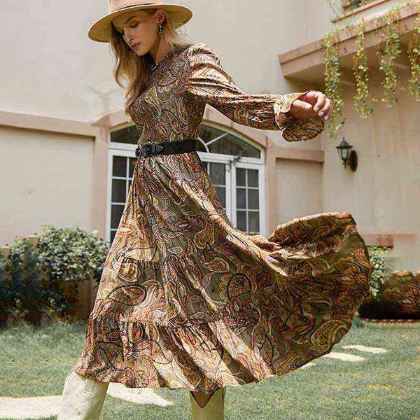 

casual dresses boho inspired bell sleeve flounce hem paisley dress smocked bodice long sleeve new 2022 spring summer dress women boho dress, Black;gray