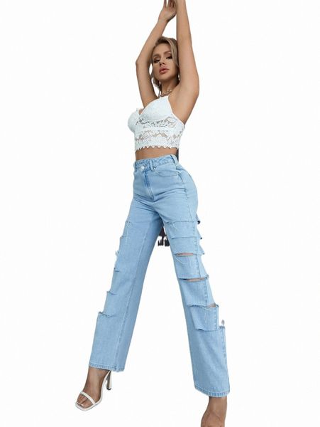 

women's jeans eilly bazar high waist ladder ripped straight leg jeans d7wh#, Blue