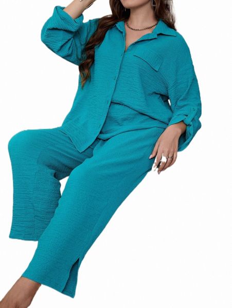 

plus size dresses plus drop shoulder button front shirt & pants s00m#, Black