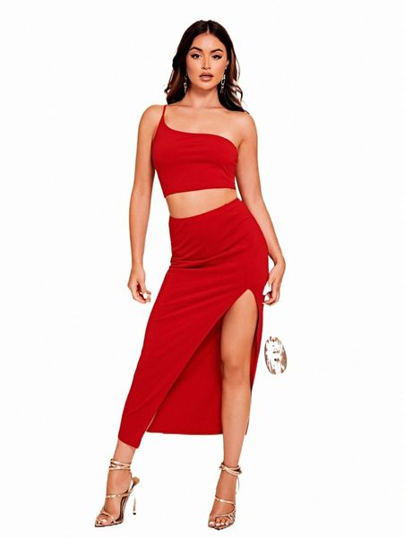 

two piece dress bae one shoulder crop & split thigh skirt set a8wg#, White