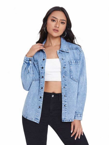

women's jackets dual pocket button front denim jacket f0ts#, Black;brown