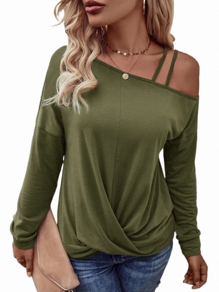 

women's t-shirt asymmetrical neck twist hem tee f0oz#, White