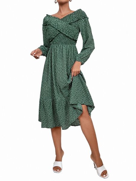 

casual dresses ditsy floral shirred bodice bishop sleeve ruffle hem dress 27gj#, Black;gray