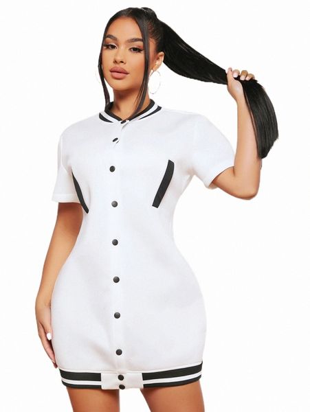 

casual dresses sxy contrast trim button through dress e88h#, Black;gray