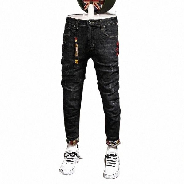 

men's jeans men's jeans ly designer fashion men embroidery elastic slim fit ripped denim pencil pants japanese style spliced hip h, Blue