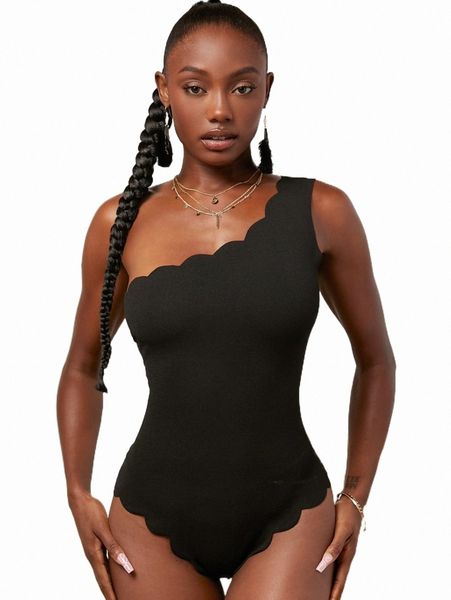 

women's t-shirt scallop trim one shoulder bodysuit z76m#, White