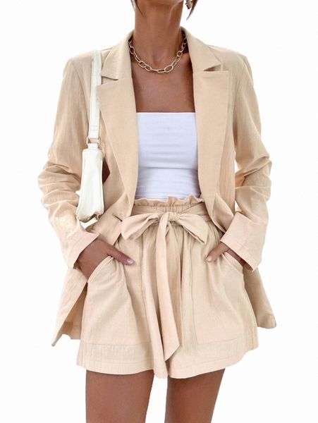 

two piece dress lapel neck blazer & paperbag waist belted shorts a2qg#, White